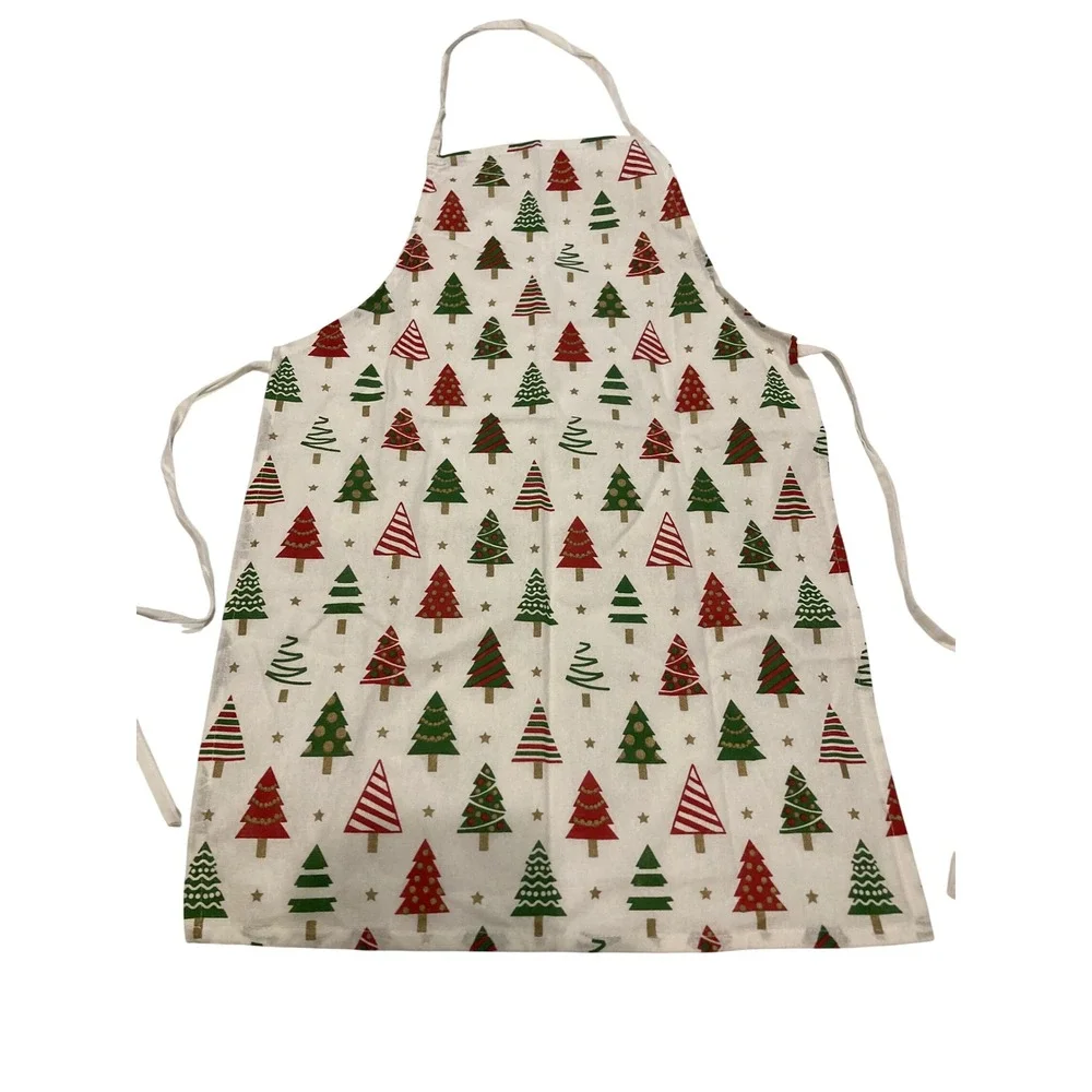 Christmas Tree Print Bib Apron Red Green Gold Stars Holiday Kitchen Baking White
